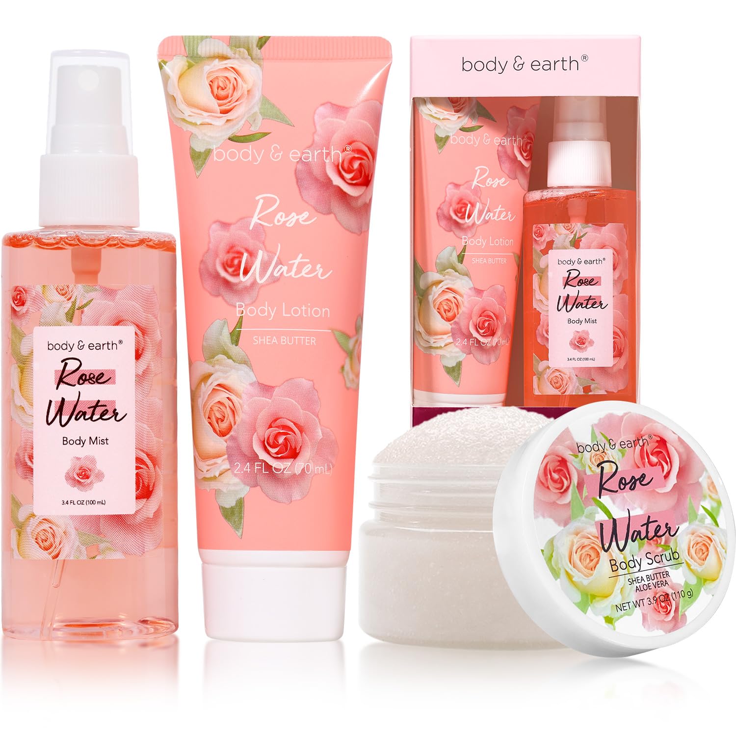 Body & Earth Body Mist Gift Set - Spa Gifts Perfume Body Lotion and Body Scrub in a Rose Water Box- Perfect Birthday Gifts for Mom Girlfriend Valentines Day Gifts for Her