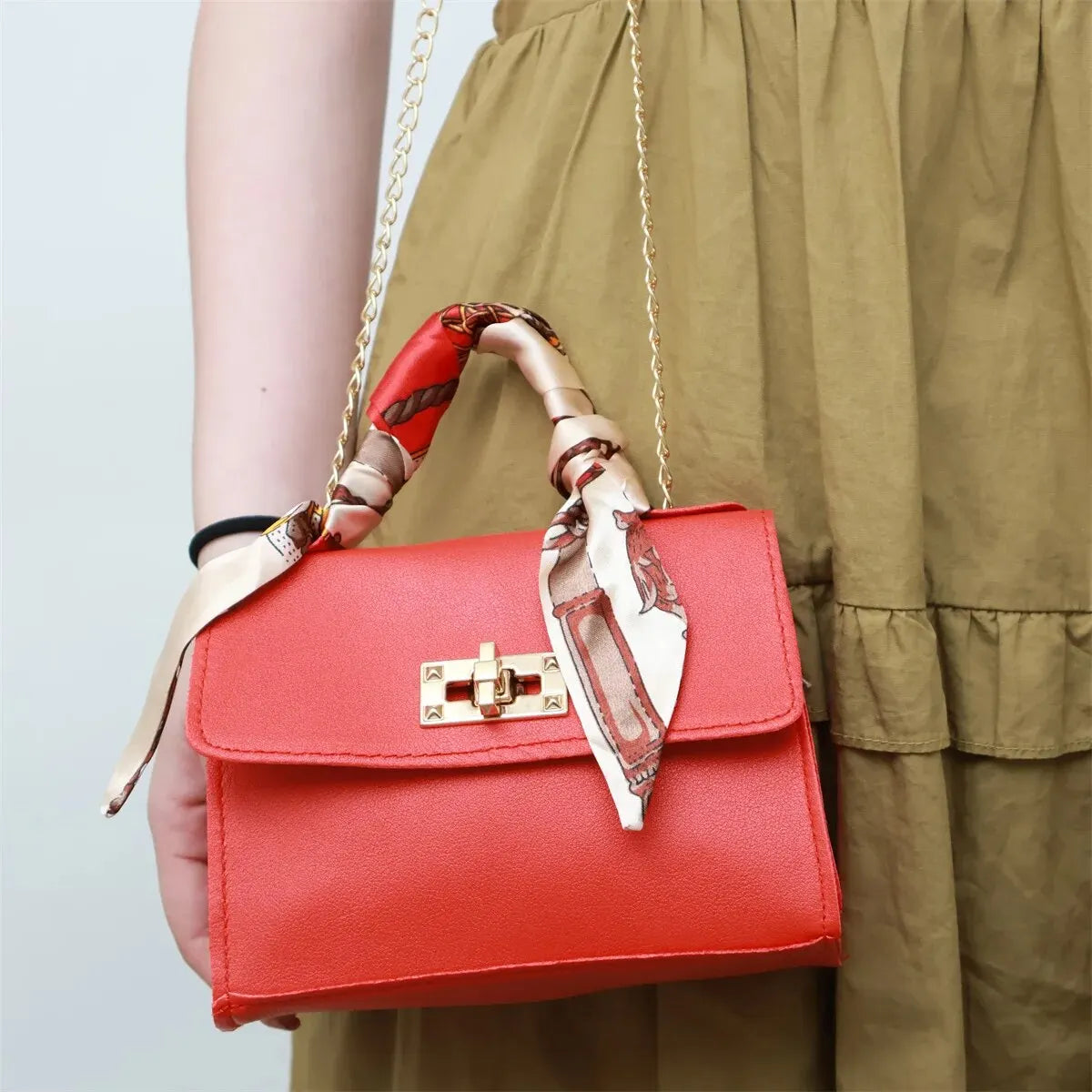 Women’s Simple Solid Color Handbag with Silk Scarf