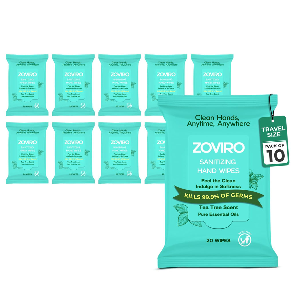 Hand Sanitizer Wipes Tea Tree Essential Oil Hand Wipes Travel Size Moisturizing Sanitizing Wipes Tea Tree Scent 20 Count (Pack of 10)