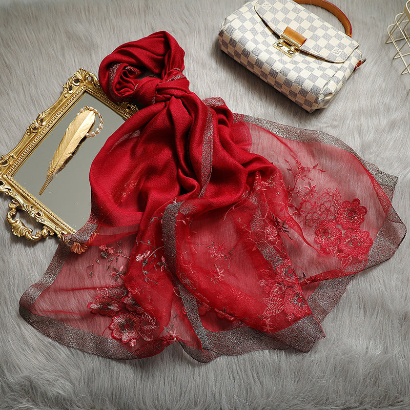 Embroidered Silk Scarf with Wool Blend for Women