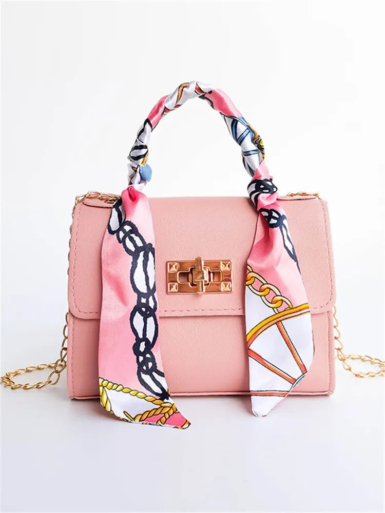 Women’s Simple Solid Color Handbag with Silk Scarf