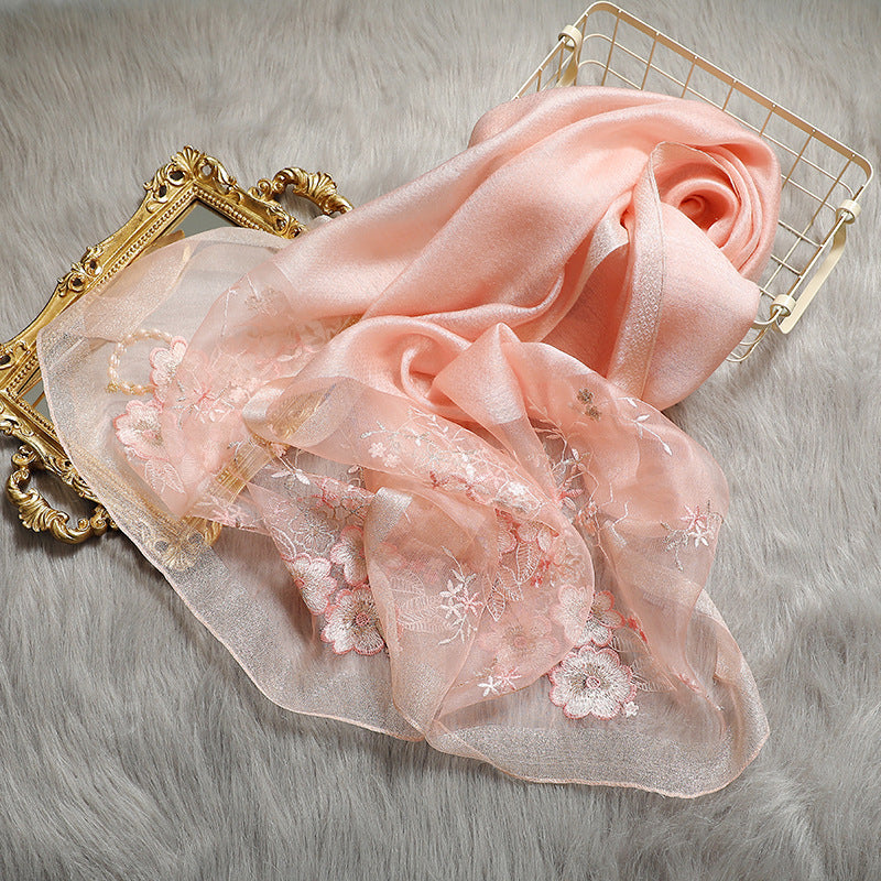 Embroidered Silk Scarf with Wool Blend for Women