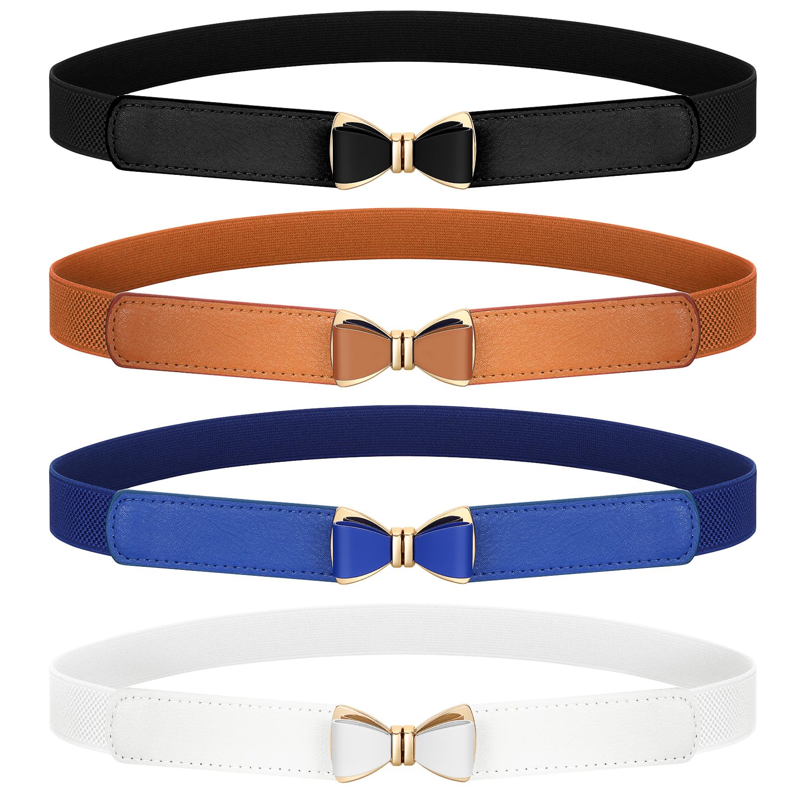 4 Pack Women Skinny Elastic Waist Belt Stretchy Thin Bow Belt Fashion Ladies Belt for Dresses Skirts Christmas Belt