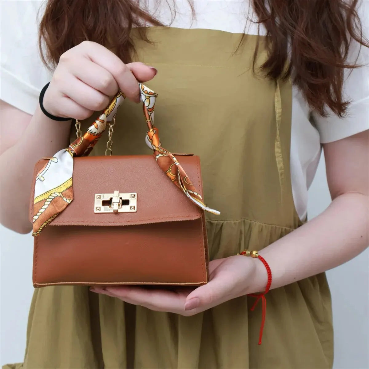 Women’s Simple Solid Color Handbag with Silk Scarf