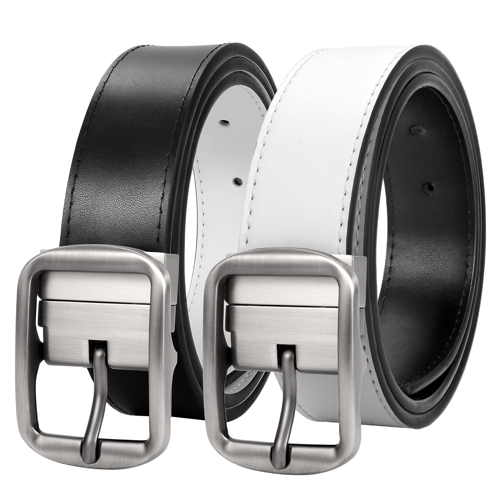 Mens Reversible Leather Belt Reversible Belt for Men Dress Belt Men Leather Belt One Belt 2 Sides Light Buckle/Black White