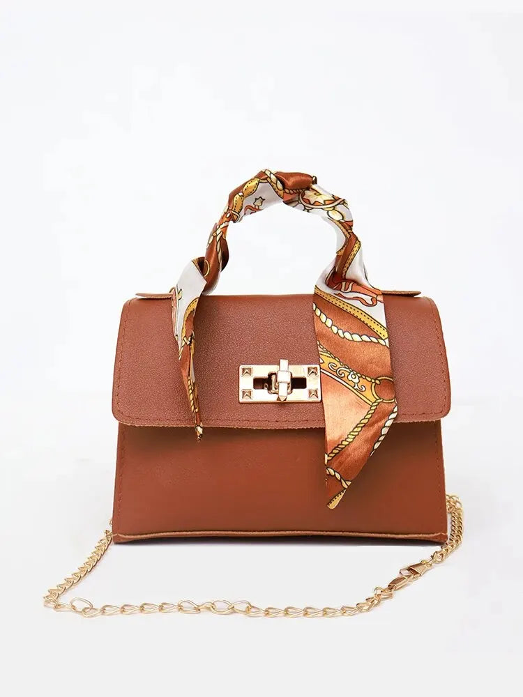 Women’s Simple Solid Color Handbag with Silk Scarf