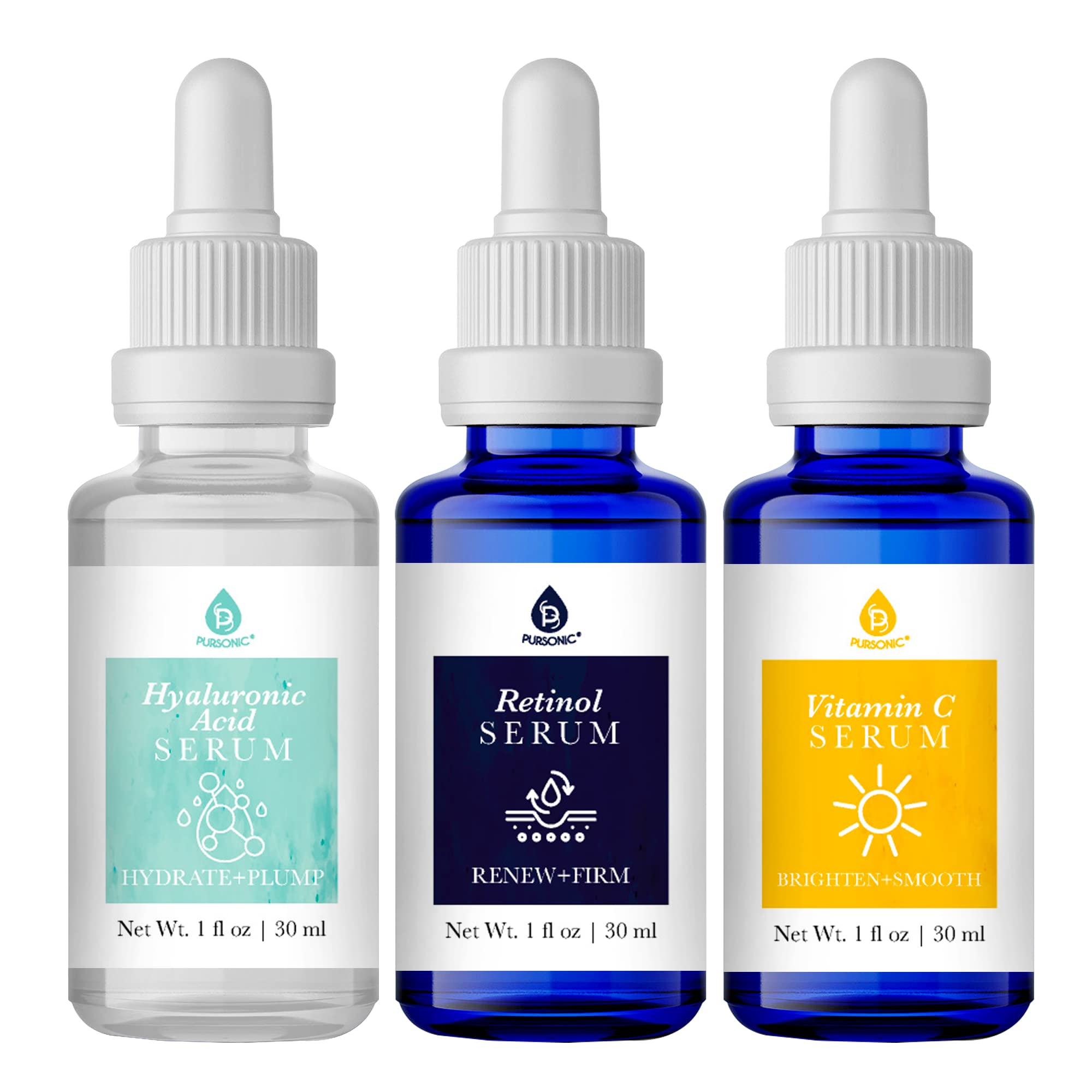 Anti-Aging Skin Care Set of 3 - Hyaluronic Acid Serum Retinol Serum & Vitamin C Face Serum for Women — Nourishing Hydrating Serum for Face Smoothed Wrinkles Dryness Fine Lines