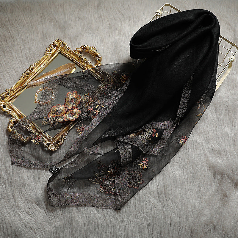 Embroidered Silk Scarf with Wool Blend for Women