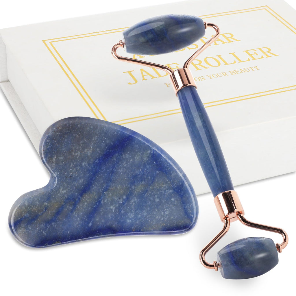 Jade Roller for Face Facial Roller Massager Skin Care Tool Gua Sha Facial Tools for Face Neck Eyes Reduce Puffiness of The Skin(Blue)
