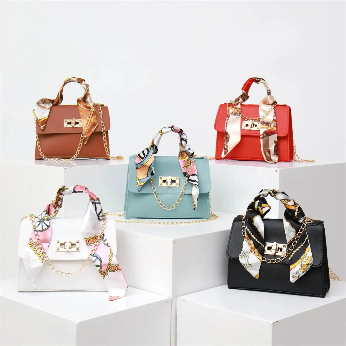 Women’s Simple Solid Color Handbag with Silk Scarf