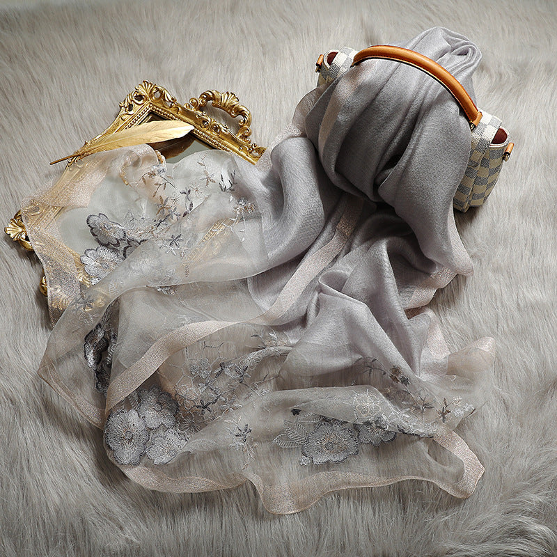 Embroidered Silk Scarf with Wool Blend for Women