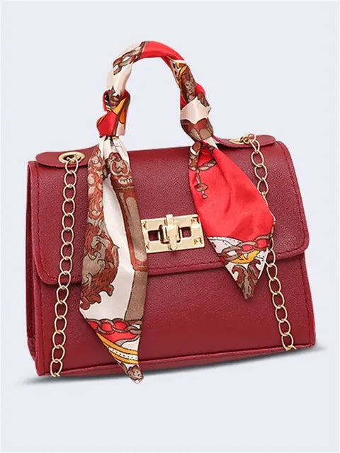 Women’s Simple Solid Color Handbag with Silk Scarf