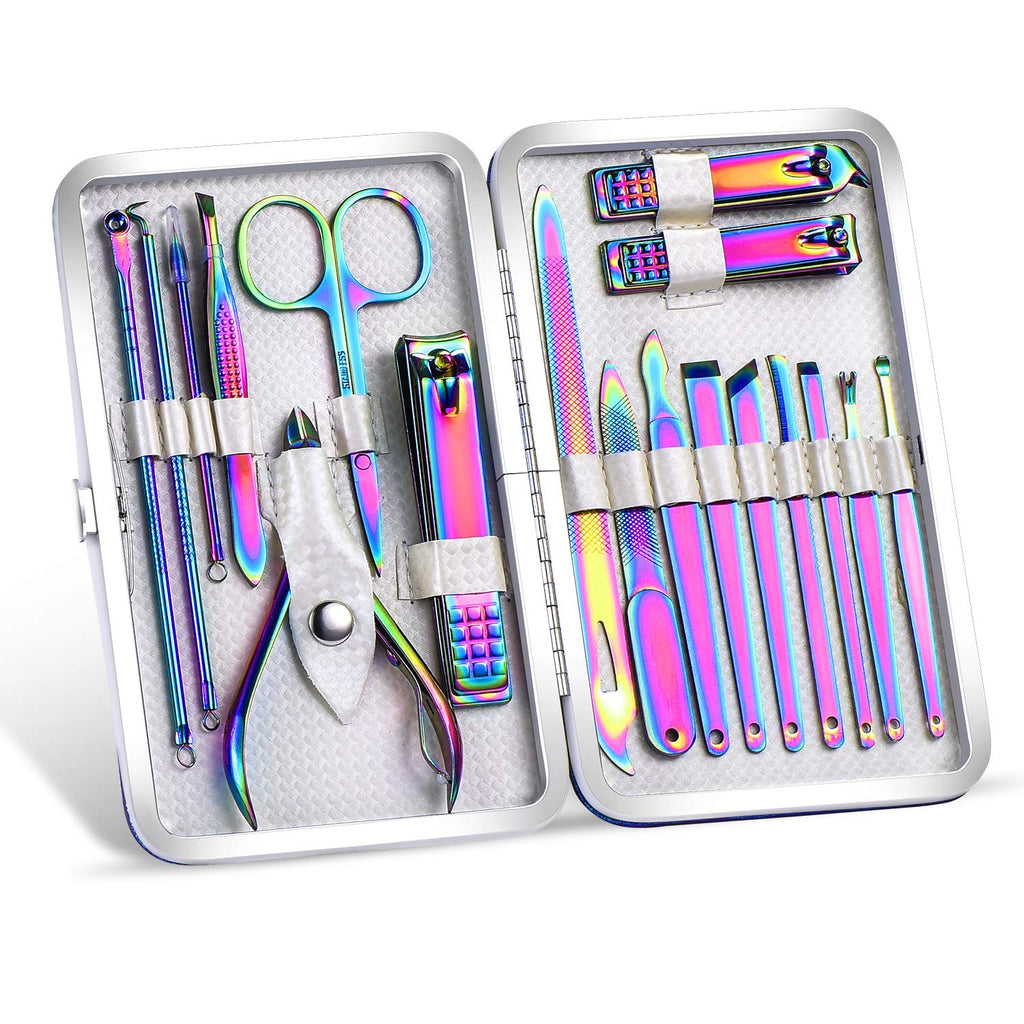 Rainbow Manicure Kits 18 Pcs Nail Clippers Leather Manicure Set