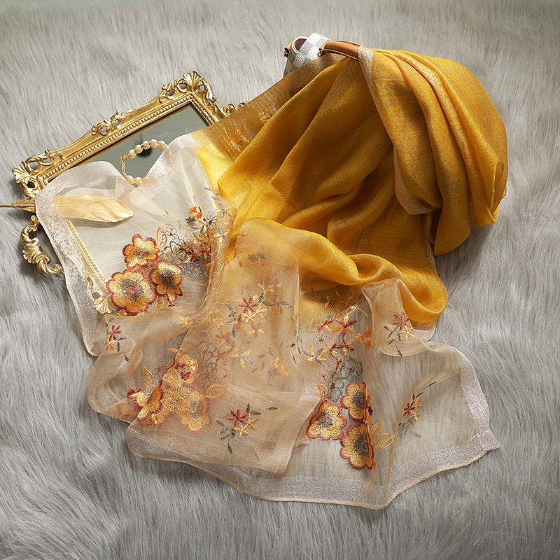 Embroidered Silk Scarf with Wool Blend for Women