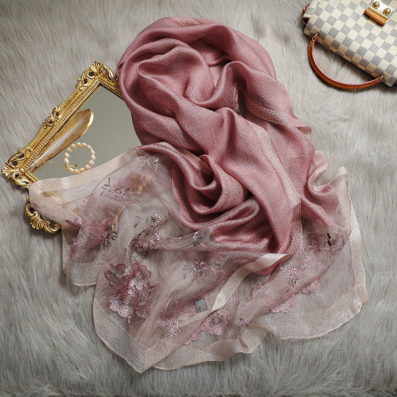 Embroidered Silk Scarf with Wool Blend for Women