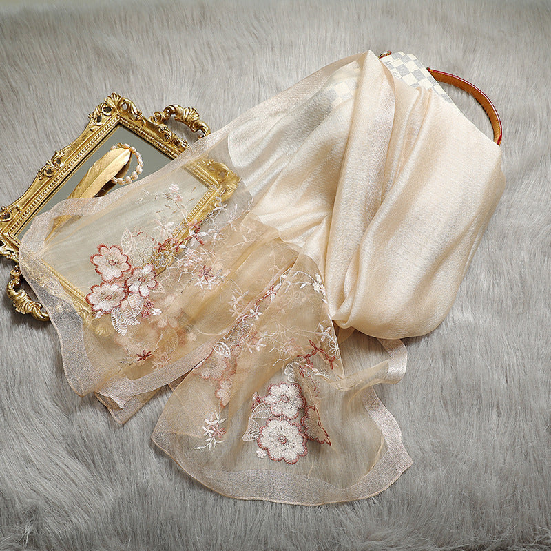 Embroidered Silk Scarf with Wool Blend for Women